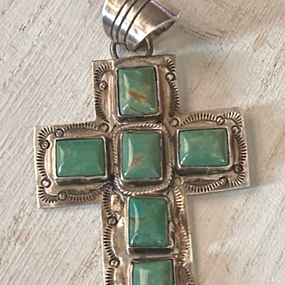 Sterling Silver Running Bear Turquoise Cross 2.5’
